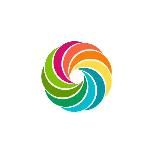 Logo de sol circular abstracto aislado y colorido. Logo arco iris de forma redonda. Torbellino, tornado e ícono de huracán. Signo espiral hipnótico espinoso. Símbolo de lente. Ilustración vectorial . — Vector de stock