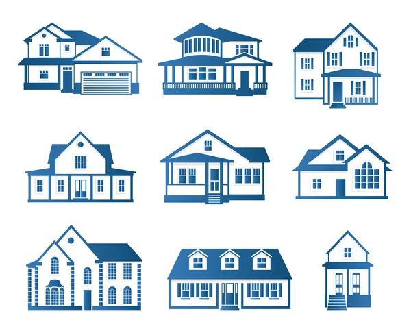 Isolierte abstrakte blaue Farbe Haus Kontur Logo-Set. Logotypensammlung für Immobilien. Kauf Immobilien Business-Ikone. Wohnungsvermietung Firmenemblem. Vektorillustration. — Stockvektor