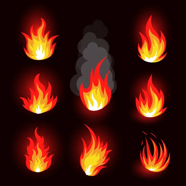 Isolierte abstrakte rote und orangefarbene Farbe Feuerflamme Logo auf schwarzem Hintergrund gesetzt. realistische Logos am Lagerfeuer. Pikantes Lebensmittel-Symbol. Hitze-Ikone. Energiezeichen. Vektorillustration. — Stockvektor