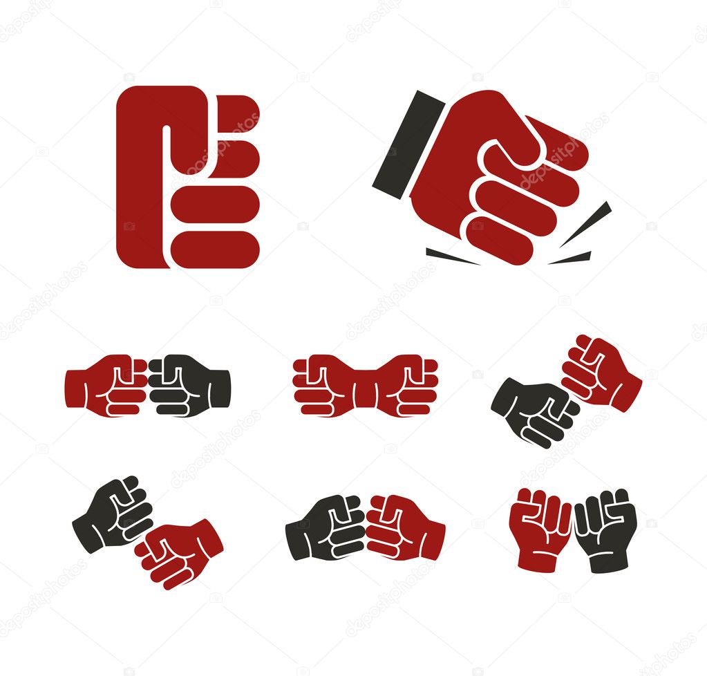 Isolated abstract red and black fists logo set. Banging fist logotype. Aggressive revolution sign. Human hand negative gesture symbol. Protest icon. Deaf people language element. Vector illustration.