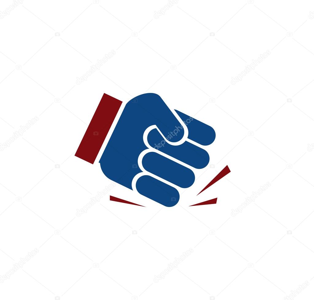 Isolated blue color fist logo. Human hand angry gesture. Protest symbol. Aggressive objection sign. Force and violence icon. Designed judge hammer. Vector illustration