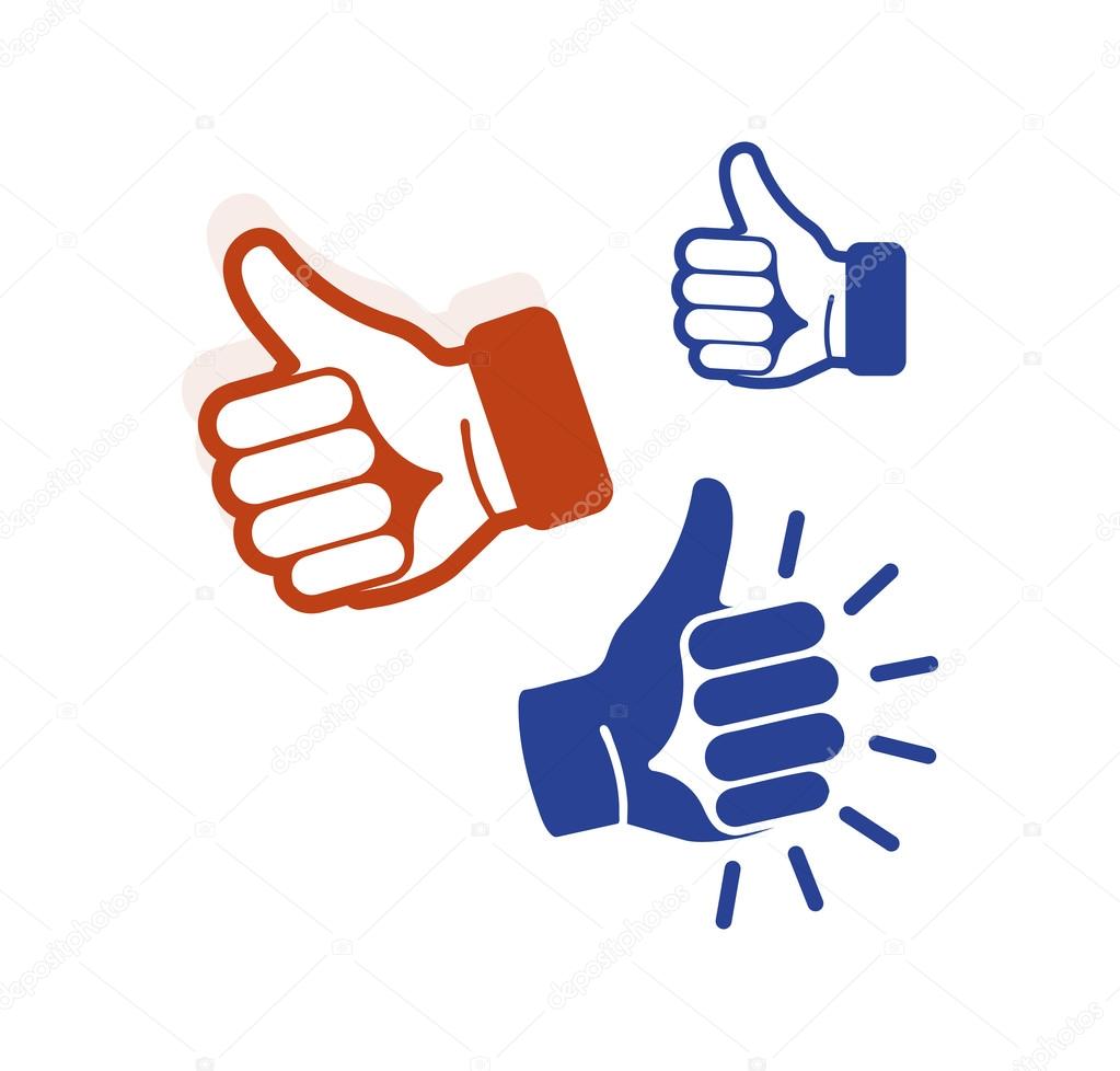 Isolated abstract blue, brown color thumb up contour logo set. Human hand with finger up logotype. Approval gesture sign. Positive estimation symbol. Social network like icon. Vector illustration