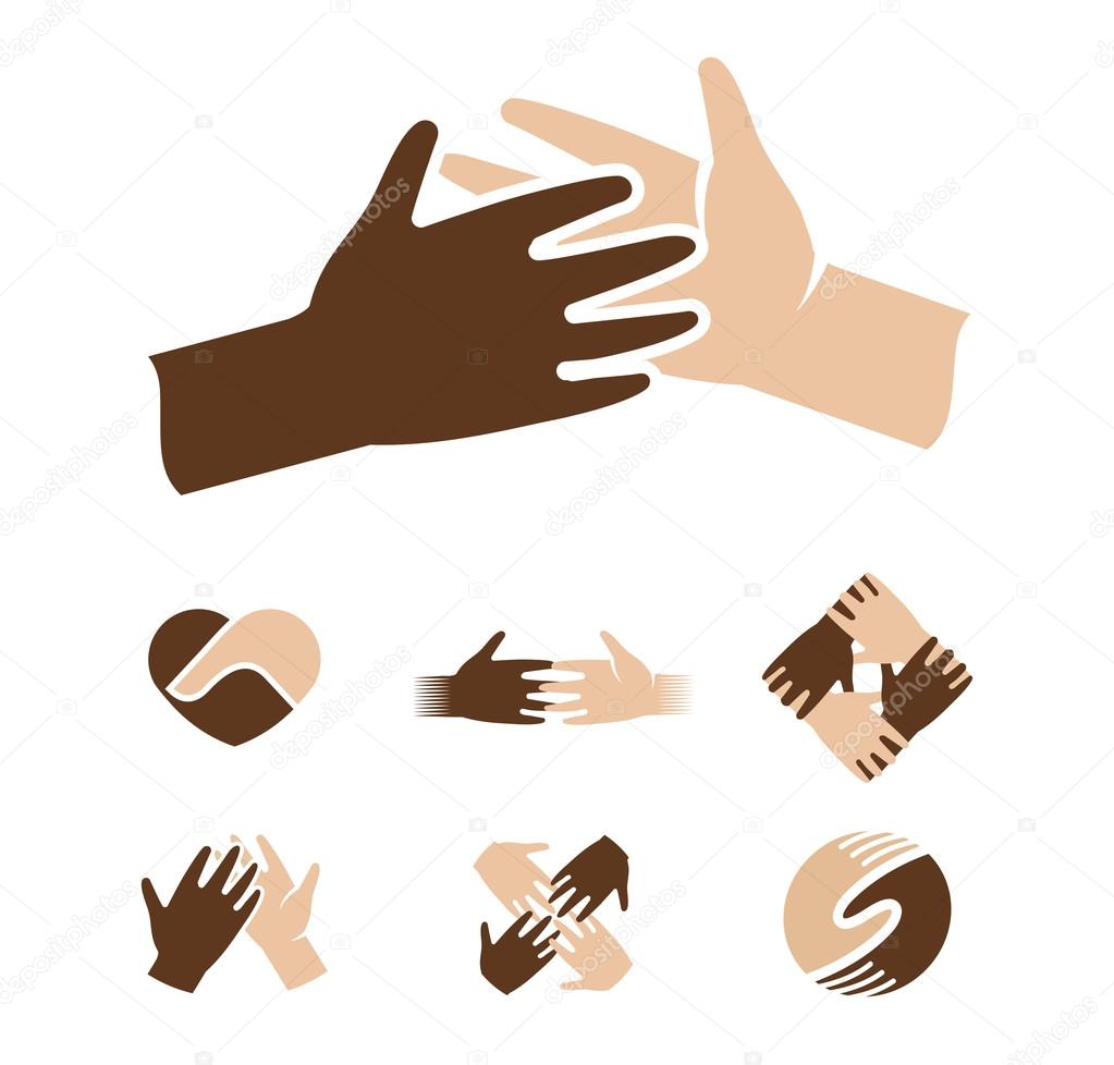 Isolated abstract dark and light skin human hands together logo. Black and white people friendship logotype. Give five gesture. Interracial help sign. Equal rights symbol. Vector illustration.