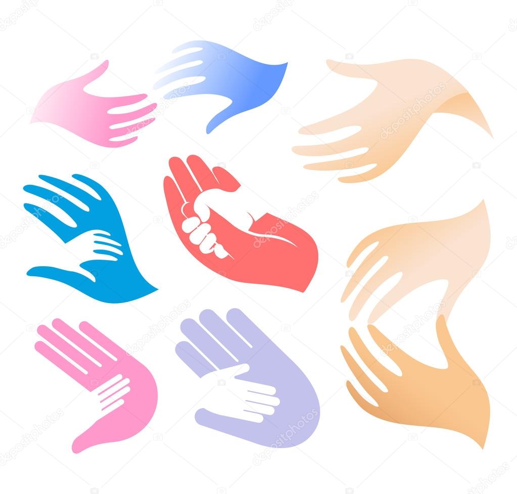 Isolated abstract adult and child hands logo set. Negative space family logotype collection. Parent and kid palms icon. Orphanage sign. Adoption symbol. Father s and mother s care vector illustration