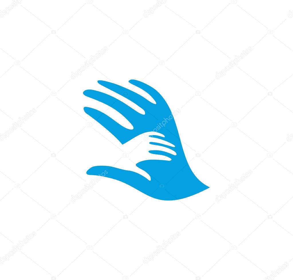 Isolated abstract blue and white adult and child hands logo. Negative space family logotype. Parent and kid palms icon. Orphanage sign. Adoption symbol. Father or mothers care vector illustration