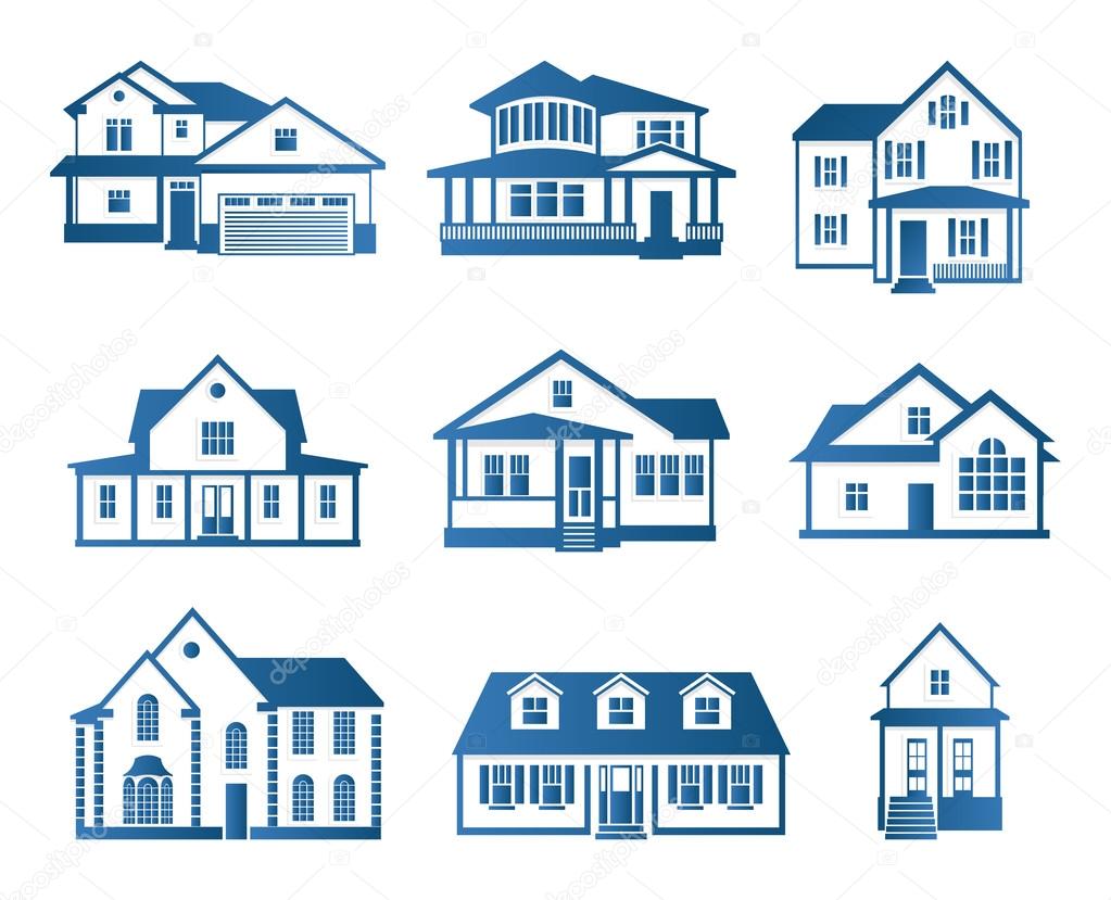 Isolated abstract blue color house contour logo set. Real estate building logotype collection. Purchase property business icon. Apartment rent company emblem. Vector  illustration.