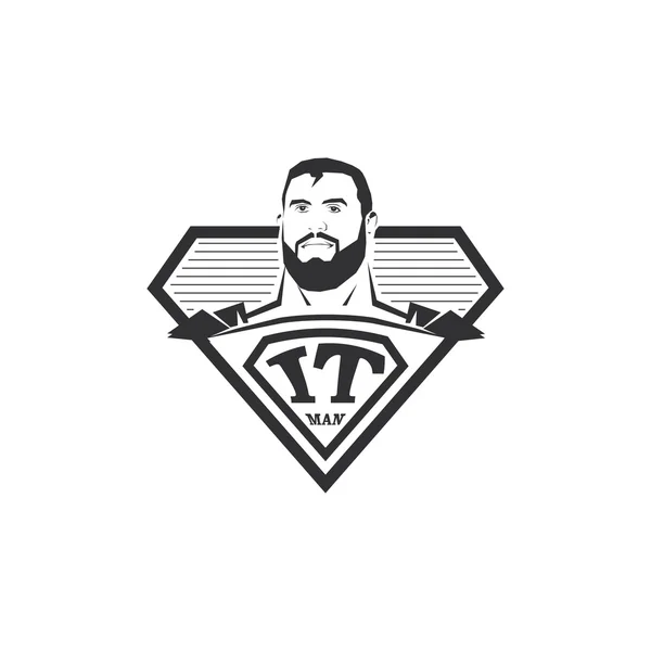 Logo de IT man abstracto aislado en blanco y negro. Logotipo súper héroe informático. Icono cómico. Emblema del programador profesional. Ilustración de TI vectorial . — Vector de stock