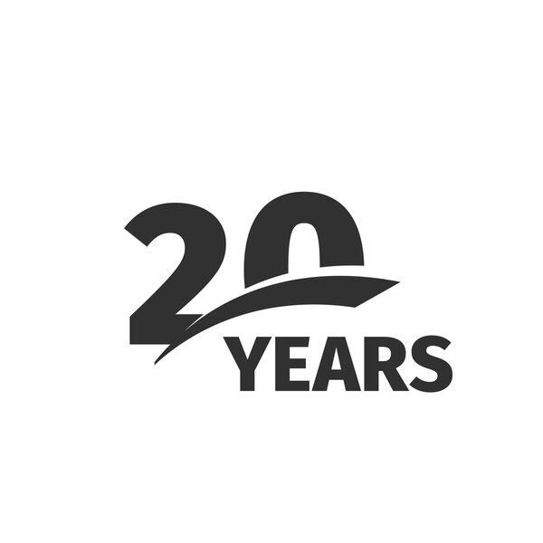 Isolated abstract black 20th anniversary logo on white background. 20 number logotype. Twenty years jubilee celebration icon. Twentieth birthday emblem. Vector anniversary illustration.