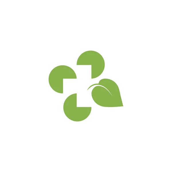 Yeşil renk yaprak logo izole. Tıbbi çapraz logo. Şifalı otlar doğal ürünler simgesi. Hastane, klinik, ambulans işareti. Hapları sembolü. Vektör çizim. — Stok Vektör