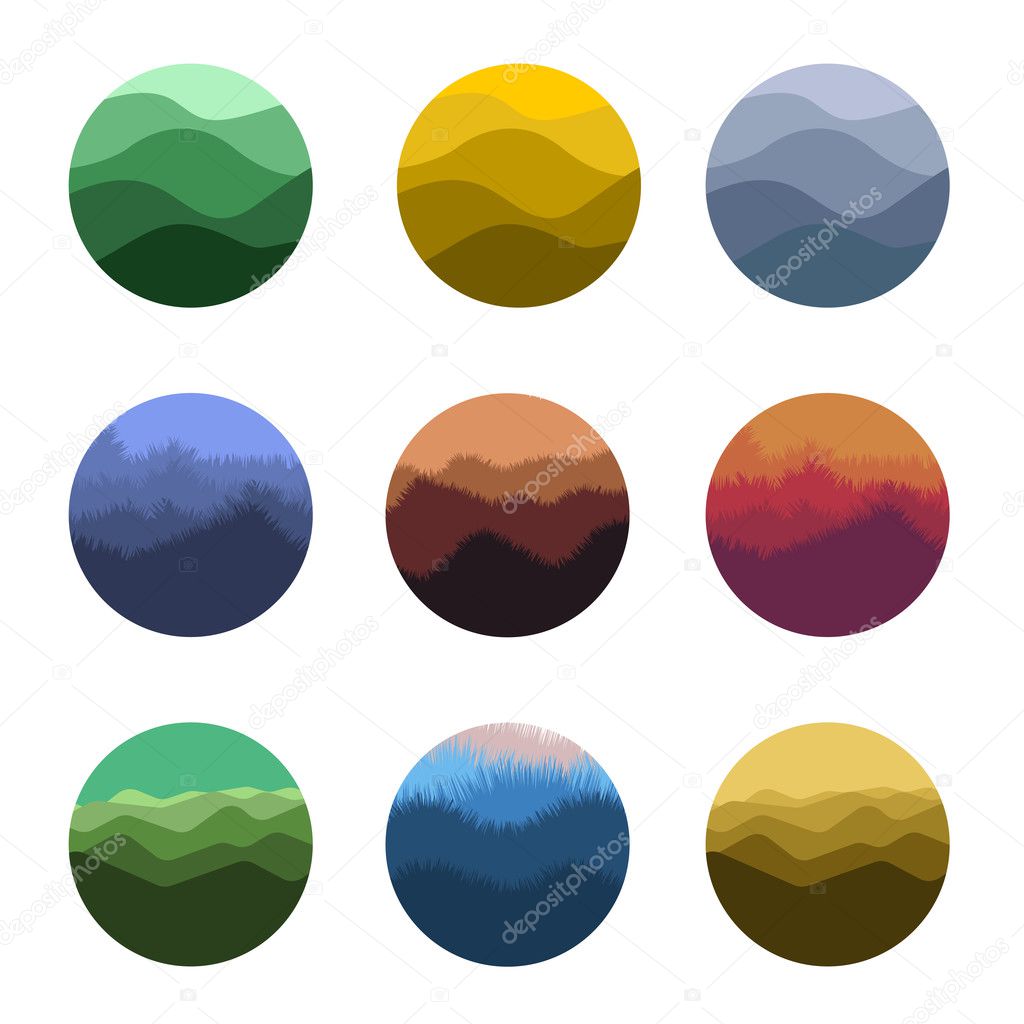 Isolated abstract colorful round shape wild nature silhouettes logo set. Natural environment logotypes collection. Beautiful landscapes icons. Vector illustration