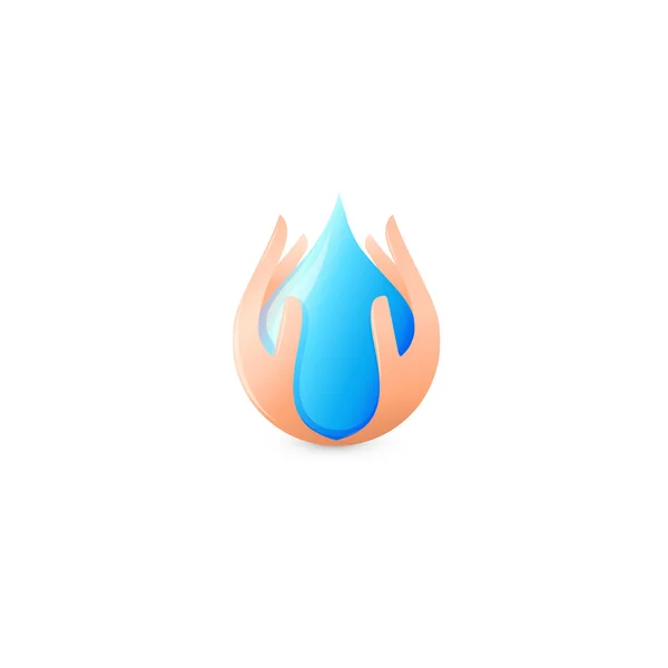 Gota de agua azul abstracta aislada rodeada de logotipo de manos humanas. Logotipo líquido puro natural. Icono de bebida fresca. Signo de rocío. Ilustración de gota de agua vector . — Archivo Imágenes Vectoriales