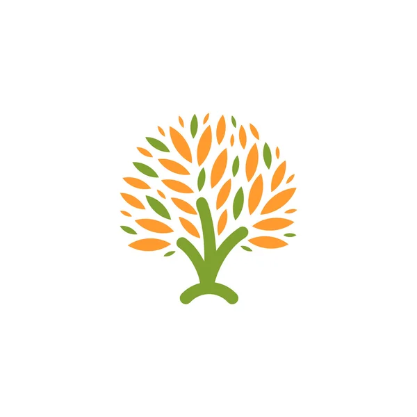 Isolado abstrato verde, logotipo da árvore de cor laranja. Logótipo do elemento natural. Folhas e ícone do tronco. Placa de parque ou floresta. Símbolo ambiental. Ilustração da árvore vetorial . —  Vetores de Stock