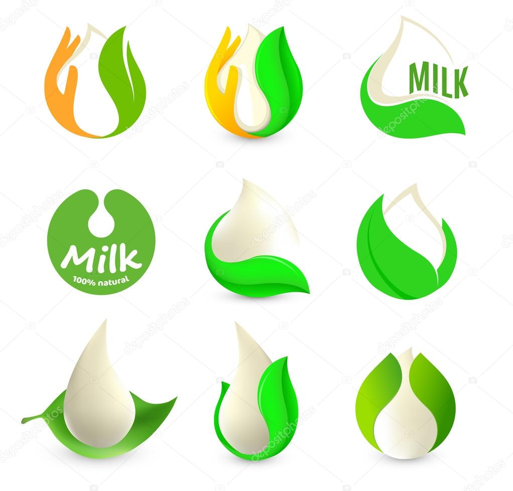 Isolated abstract white drop of milk in green fresh leaf and orange palm logo set. Dairy products logotype collection. Sour cream or kefir icon. Organic products sign. Vector drop of milk illustration