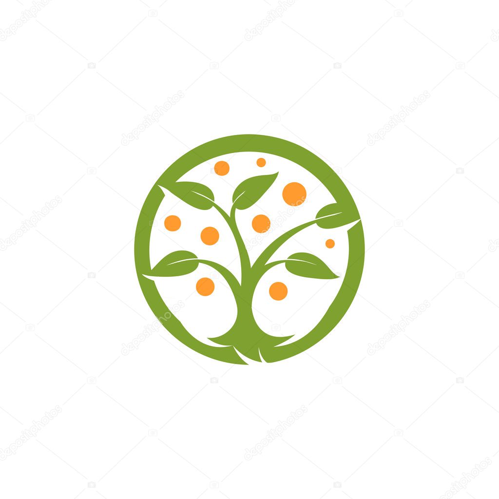 Isolated abstract round shape green, orange color tree logo. Natural element logotype. Leaves and trunk icon. Park or forest sign. Environmental symbol. Vector tree illustration.