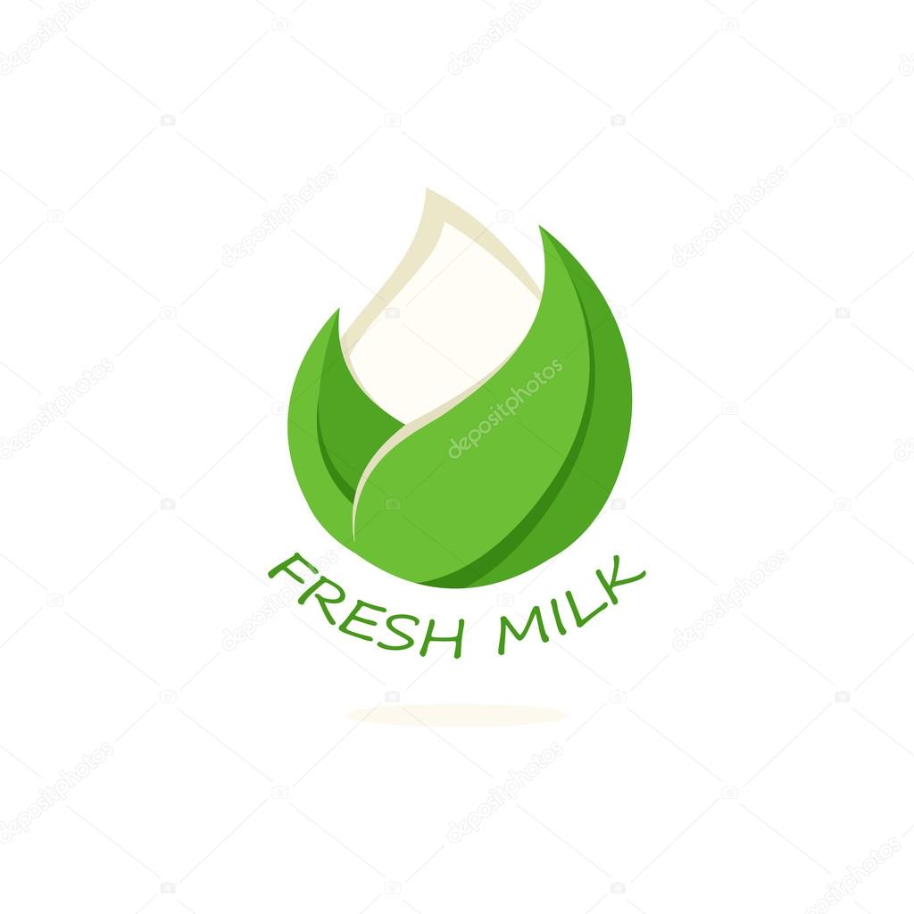 Isolated abstract white drop of milk in green fresh leaf logo. Dairy products logotype. Sour cream or kefir icon. Organic products sign. Vector drop of milk illustration