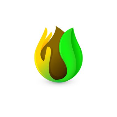 İzole kahverengi renk damla palmiye ve yaprak yeşil logo. Kahve ve çikolata logo. Doğal ürünler simgesi. Eko içki vektör çizim.