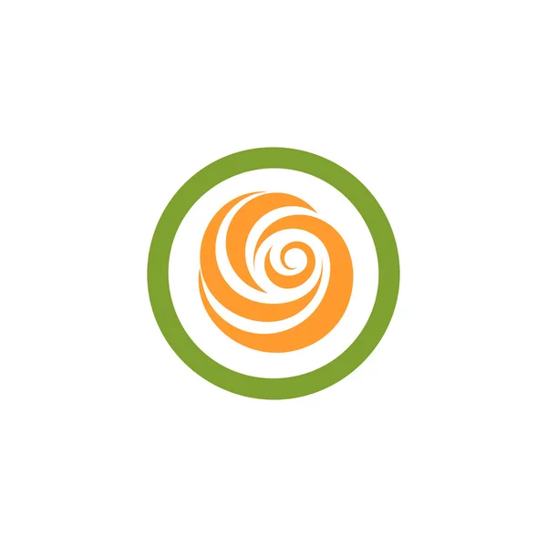 Logotipo de forma redonda abstrato isolado cor verde e laranja. Flor em um logotipo de círculo. Ícone rosa. Sinal espiral a girar. Símbolo pop alegre doce. Redemoinho, emblema de tornado. Ilustração da flor do vetor . —  Vetores de Stock