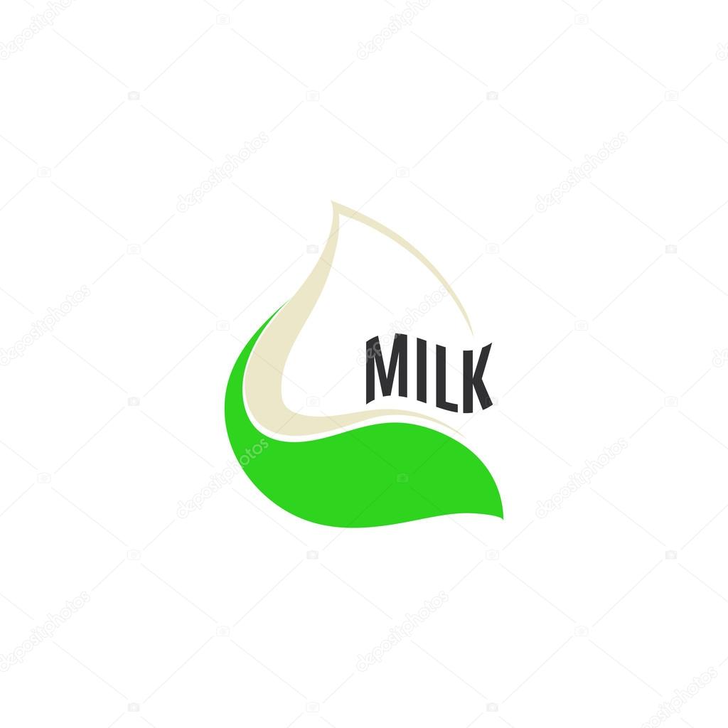 Isolated abstract white drop of milk in green fresh leaf logo. Dairy products logotype. Sour cream or kefir icon. Organic products sign. Vector drop of milk illustration