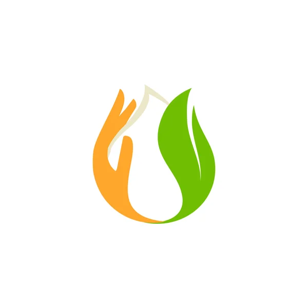 Изолированная абстрактная белая капля молока в зеленом свежем листе и оранжевый логотип пальмы. Логотип молочных продуктов. Сметана или икона кефира. Знак органической продукции. Векторная капля молока . — стоковый вектор