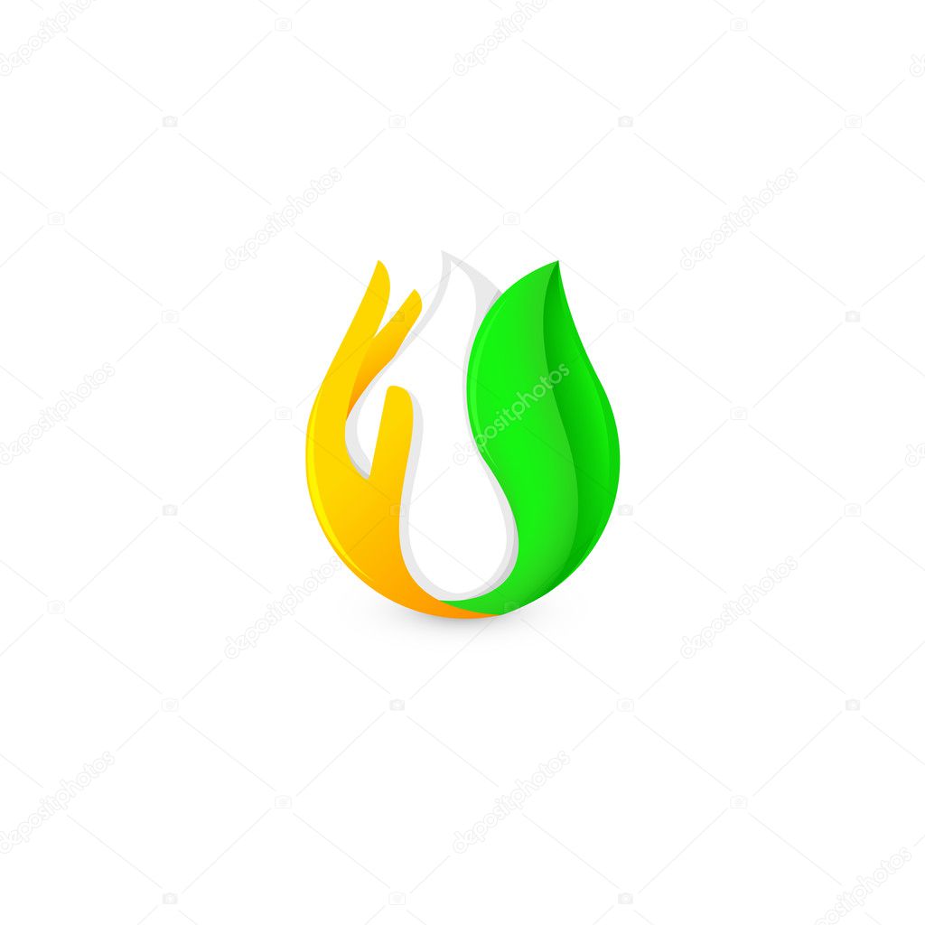 Isolated abstract white drop of milk in green fresh leaf and orange palm logo. Dairy products logotype. Sour cream or kefir icon. Organic products sign. Vector drop of milk illustration