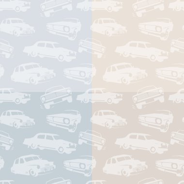 Beyaz renk mavi ve pembe arka plan deseni retro araçlarda izole. Otomobil zemin. Çocuk duvar kağıdı. Vektör çizim.