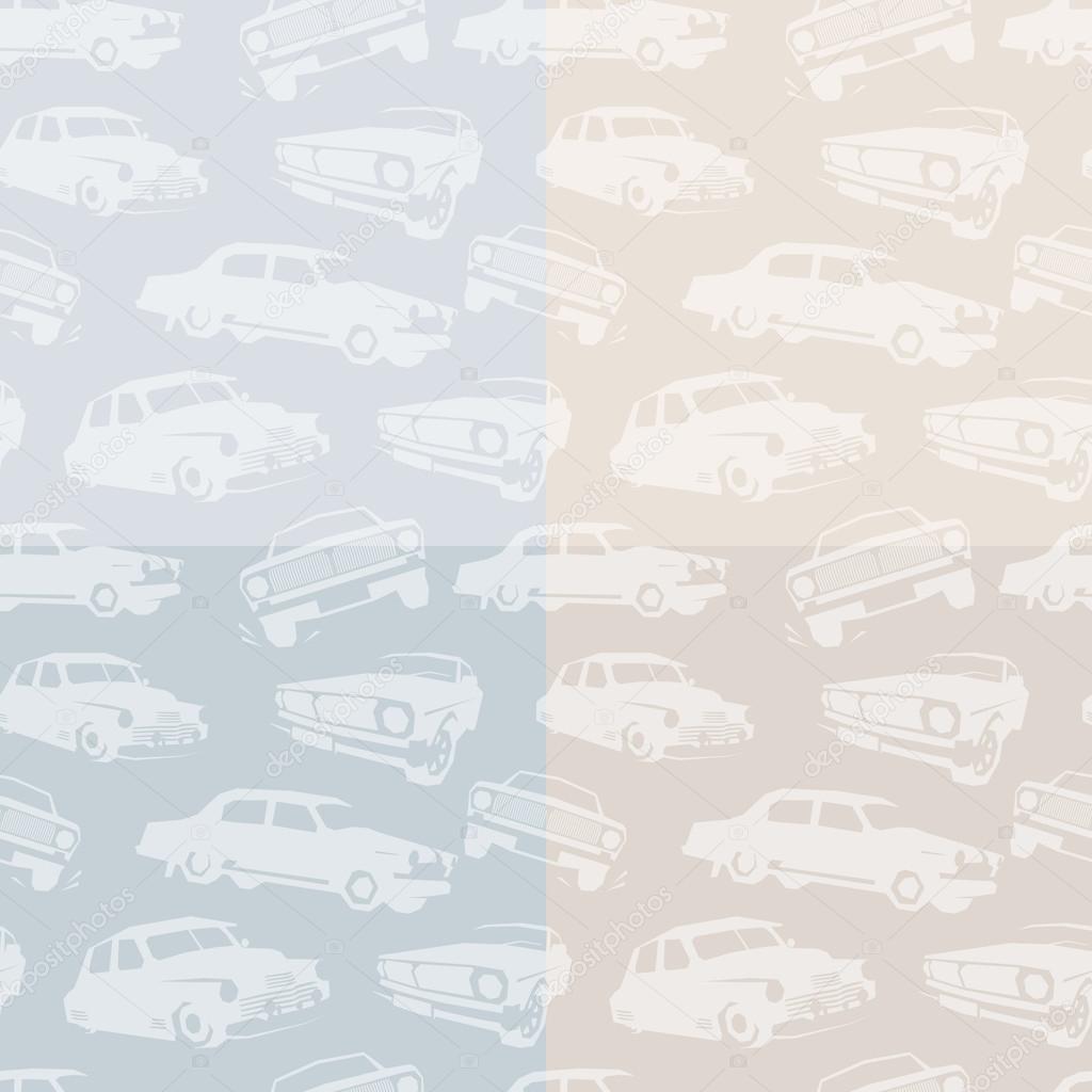 Isolated abstract white color retro cars on the blue and pink background pattern. Automobiles backdrop. Kids wallpaper. Vector illustration.