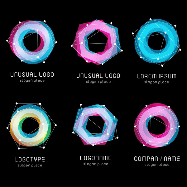 Unusual abstract geometric shapes. Vector logo set. Polygonal colorful logotypes collection on the black background. — Stock Vector