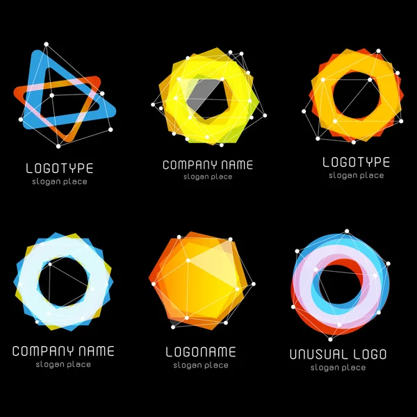 Unusual abstract geometric shapes. Vector logo set. Polygonal colorful logotypes collection on the black background. — Stock Vector