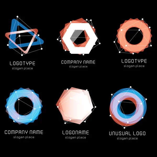 Formas geométricas abstratas incomuns. Conjunto de logotipo do vetor. Coleção de logotipos coloridos poligonais no fundo preto . —  Vetores de Stock