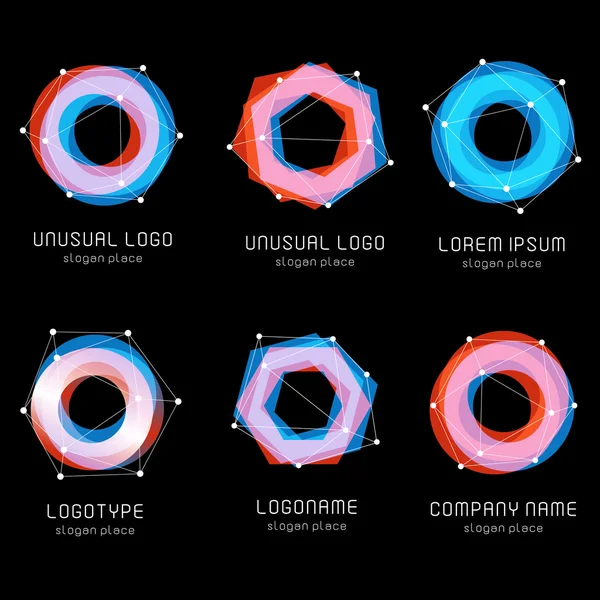 Absztrakt geometriai alakzatok. Vektor logo meg. Sokszögű színes logó gyűjtemény a fekete háttér. — Stock Vector