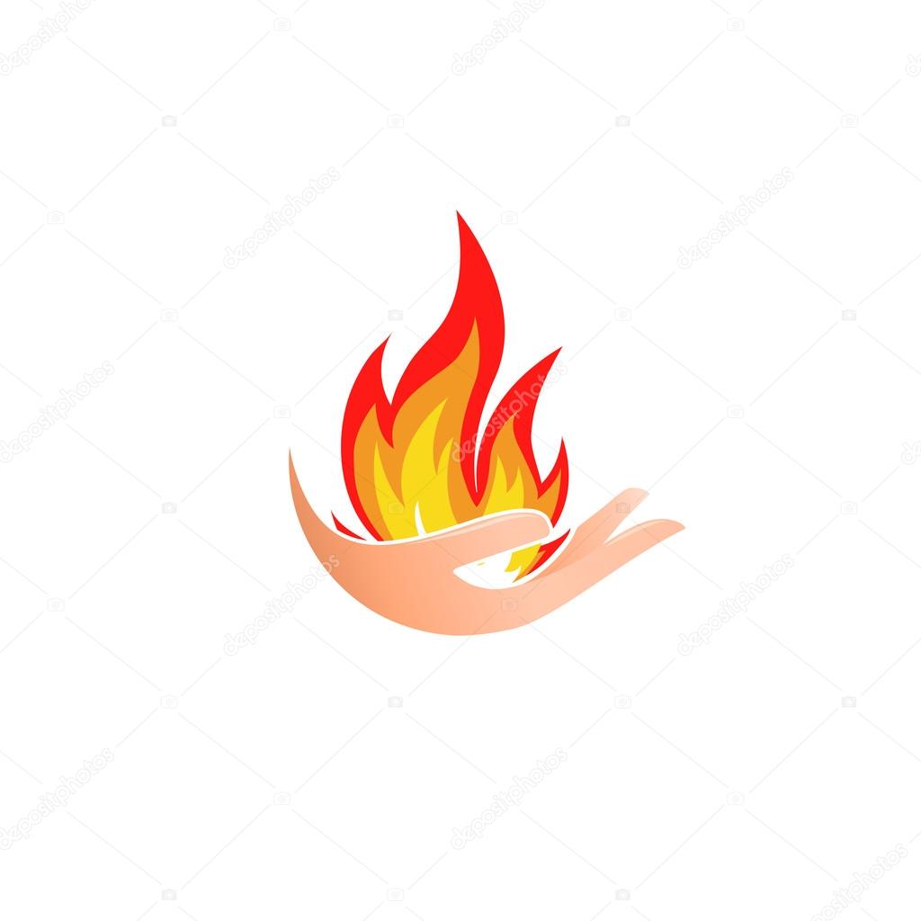 Isolated abstract fire logo. Flame in hand logotype. Hot palm icon. Heat sign. Flammable symbol. Vector illustration.