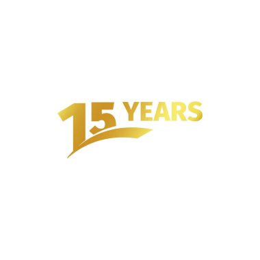 Soyut altın 15 yıldönümü logosu beyaz arka plan üzerinde izole. 15 numara logo. On beş yıl jubilee kutlama simgesi. On beşinci doğum günü amblemi. Vektör çizim.