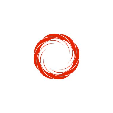 İzole kırmızı renk dairesel güneş logosu. Yuvarlak şekil logo. Girdap, fırtına ve kasırga simgesi. Dönüyor hipnotik sarmal işareti. Fotoğraf lens sembolü. Vektör tekerlek çizim.