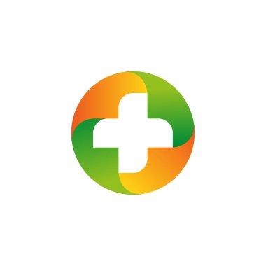 Yeşil ve turuncu vektör tıbbi çapraz logo. Yuvarlak şekil logo. Dini işareti. Doktor s office amblemi. Ambulans etiket. İlk yardım simgesi. Ayrıca düğmesi. illüstrasyon.