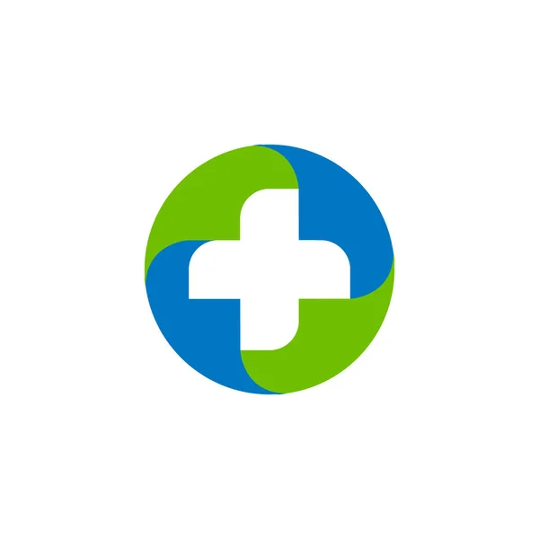 Logo croce medica vettoriale verde e blu. Logotipo di forma rotonda. Segno religioso. Emblema dell'ufficio del dottore. Etichetta di ambulanza. Simbolo del pronto soccorso. In piu '. illustrazione . — Vettoriale Stock