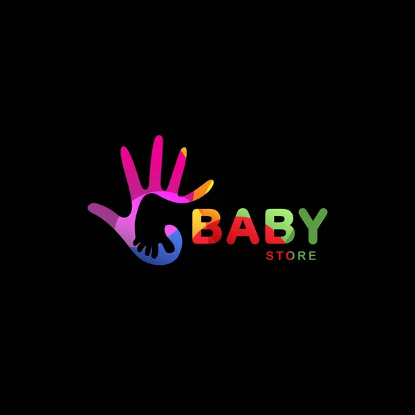 Elszigetelt absztrakt színes baba lábát a logó felnőtt kezét. Negatív tér emblémát. Gyerek cipő store ikont. Családi jele. Szülő és gyermek szimbólum. Elfogadása jelkép. Jótékonysági kampányban. Vektoros illusztráció. — Stock Vector