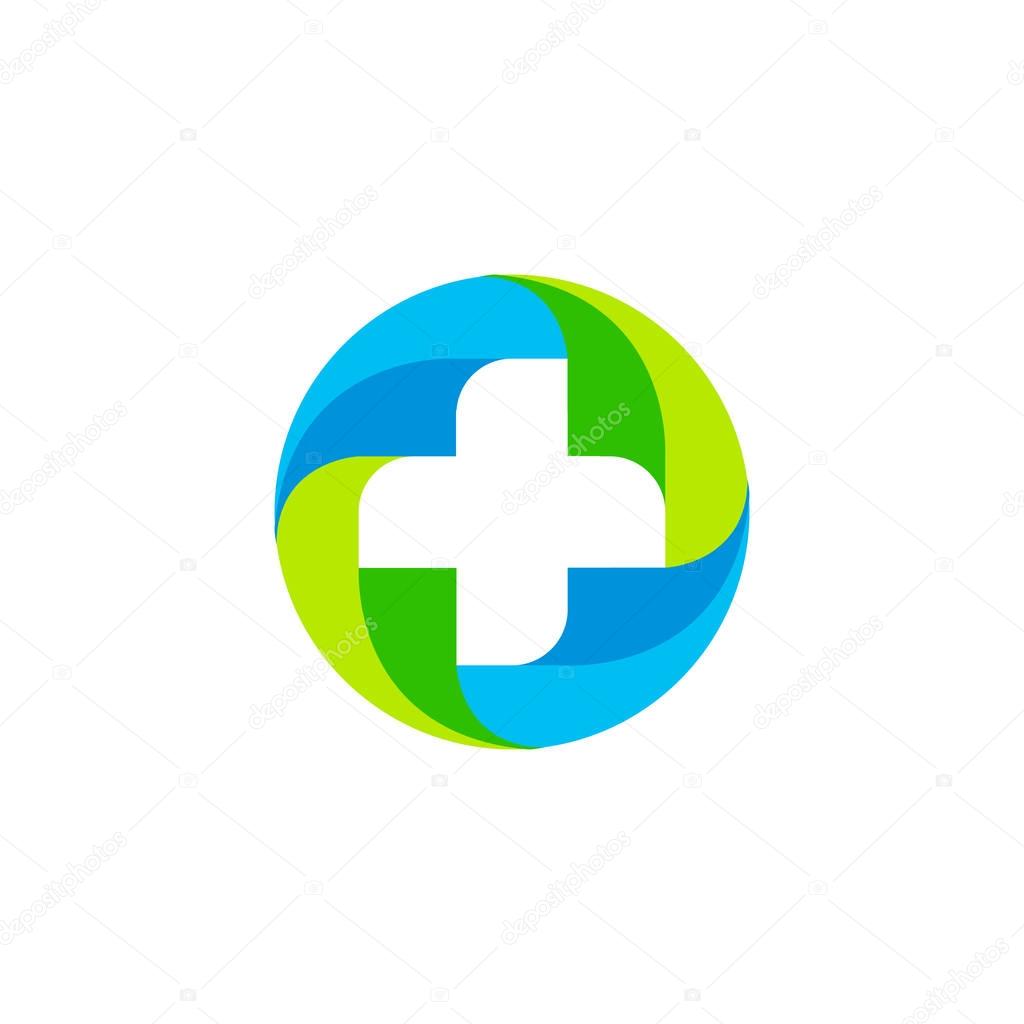 Green and blue vector medical cross logo. Round shape logotype. Religious sign. Doctor s office emblem. Ambulance label. First aid symbol. Plus button. Vector illustration