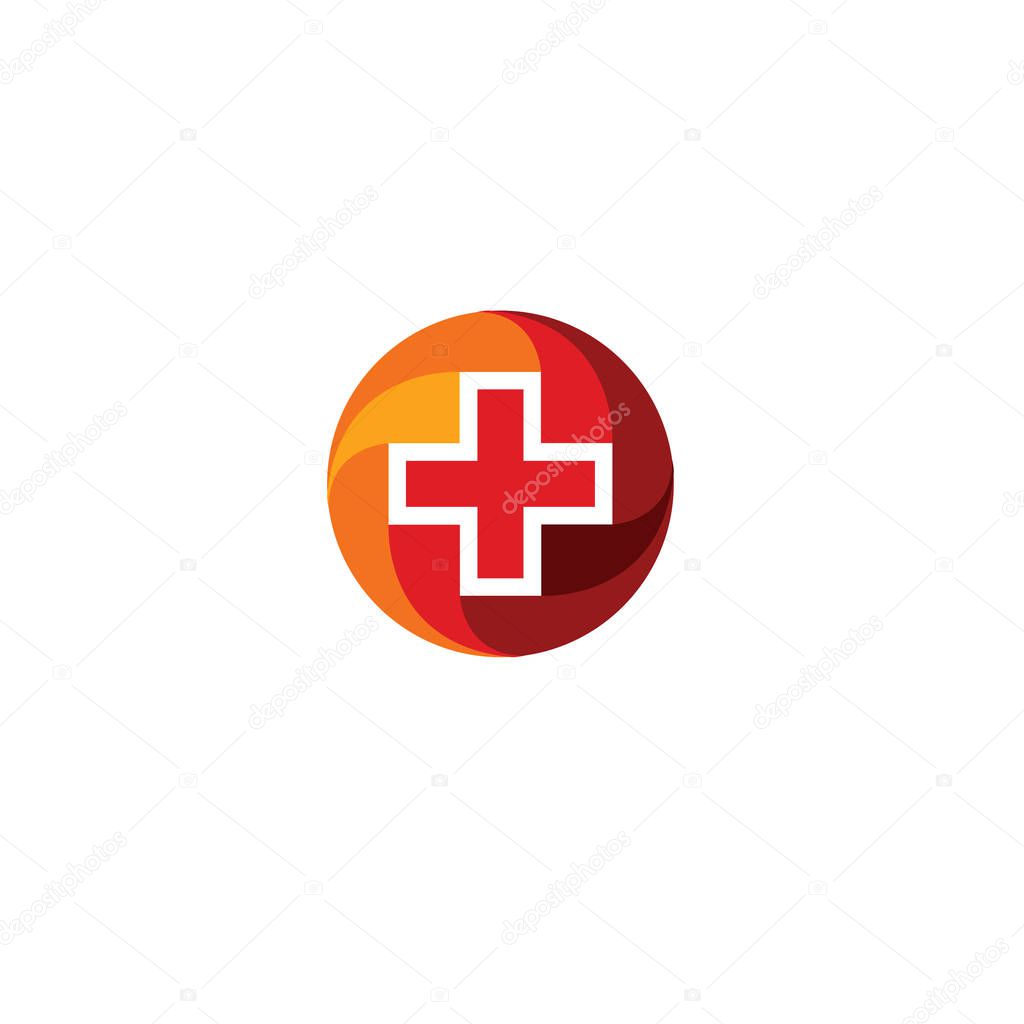 Red medical cross logo. Round shape logotype. Religious sign. Doctors office emblem. Ambulance label. First aid symbol. Plus button. Vector illustration