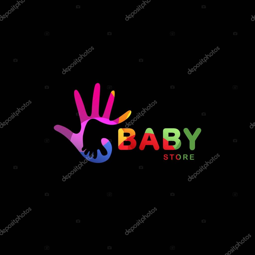 Isolated abstract colorful baby foot in adult hand logo. Negative space logotype. Kids shoes store icon. Family sign. Parent and child symbol. Adoption emblem. Charity campaign. Vector illustration