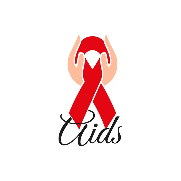 Geïsoleerde rood lint in menselijke handen. Bewustwording van de ziekte. Wereld Aidsdag concept. Stop virus pictogram. De campagne van de internationale steun voor zieke mensen. Vectorillustratie. — Stockvector