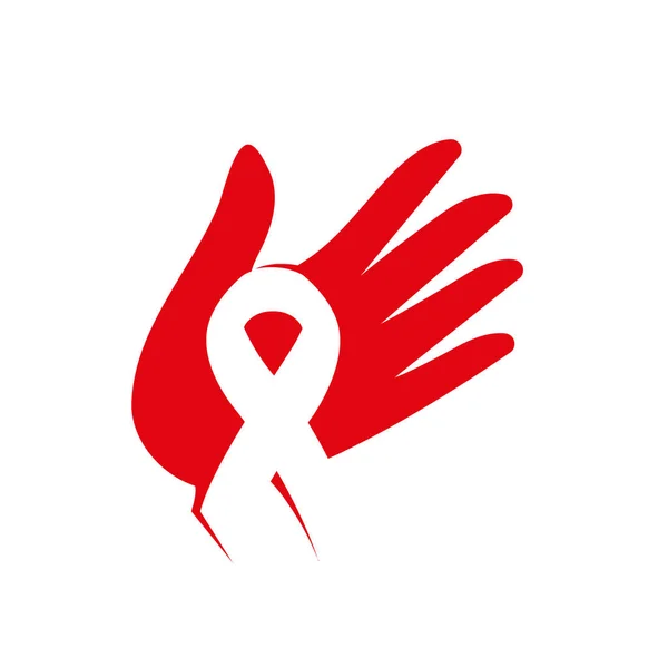 Geïsoleerde wit lintje in rode menselijke hand. Bewustwording van de ziekte. Wereld Aidsdag concept. Stop virus pictogram. De campagne van de internationale steun voor zieke mensen. Vectorillustratie. — Stockvector