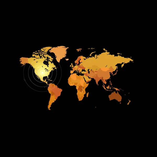 Orange color world map on black background. Globe design backdrop. Cartography element wallpaper. Geographic locations image. Continents vector illustration. — Stock Vector