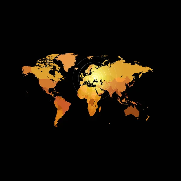 De kaart van de wereld van het oranje kleur op zwarte achtergrond. Globe ontwerp achtergrond. Cartografie element behang. Afbeelding van de geografische locaties. Continenten vector illustratie. — Stockvector