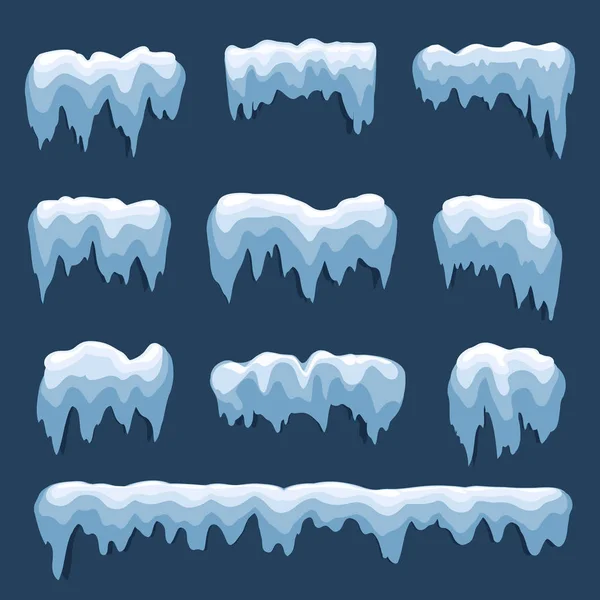 Set de Gorra de nieve aislada. Elementos nevados sobre fondo invernal. Plantilla vectorial en estilo de dibujos animados para su diseño. nevadas y copos de nieve en movimiento . — Vector de stock