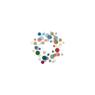 Soyut daire logo seti. Sıradışı yuvarlak izole kimya logo toplama noktalı. Virüs simgesi. Renkli güneş. Çiçek sembolü. Konfeti işareti. Vektör mikroplar çizim.