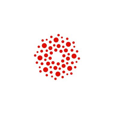 Soyut daire logo. Sıradışı yuvarlak izole kimya logo noktalı. Virüs simgesi. Kızıl güneş. Çiçek sembolü. Sarmal işareti. Vektör çizim.