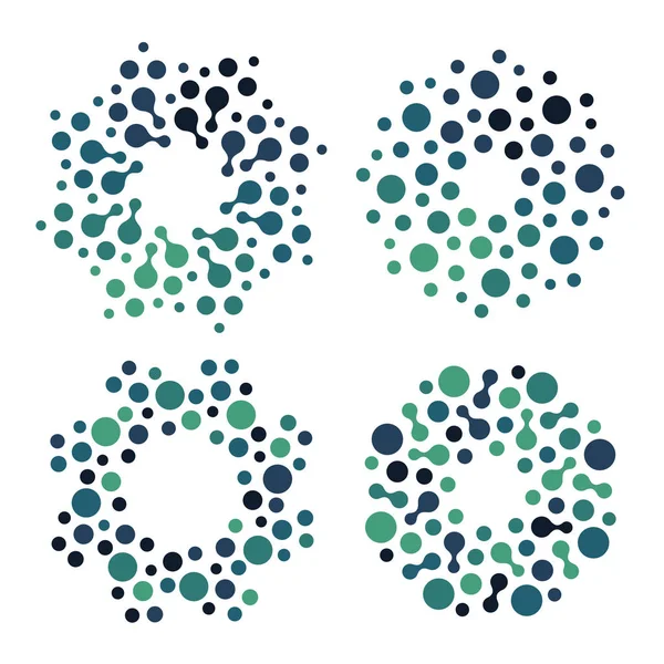 Conjunto de logotipos de círculo abstracto. Verde y azul punteado redondo colección de logotipo de química aislada. Icono del virus. Un sol inusual. Símbolo flor. Signo espiral.Ilustración de gérmenes vectoriales . — Archivo Imágenes Vectoriales