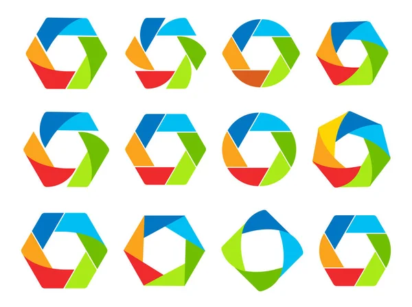 Isoleret abstrakt farverig sekskant og rund form logo samling. Geometriske logotyper indstillet på hvid baggrund. Foto linse elementer vektor illustration . – Stock-vektor