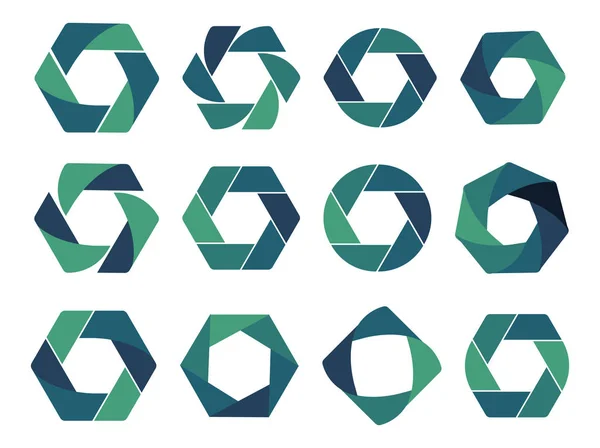 Collection isolée de logo abstrait. Logotype géométrique sur fond blanc. hexagones bleus et verts, rectangles, carrés, triangles, losanges, illustrations vectorielles de forme ronde . — Image vectorielle