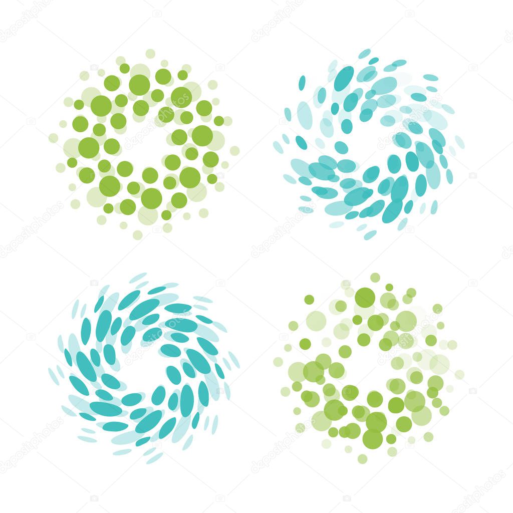 Abstract circle logotype set. Green and blue dotted round isolated chem logo collection. Virus icon. Unusual sun. Flower symbol. Spiral sign.Vector germs illustration